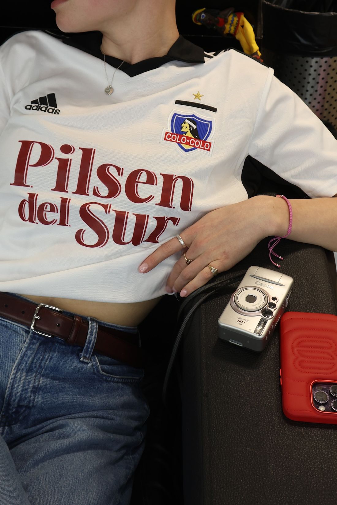 Close-up of a Colo-Colo jersey with a film camera